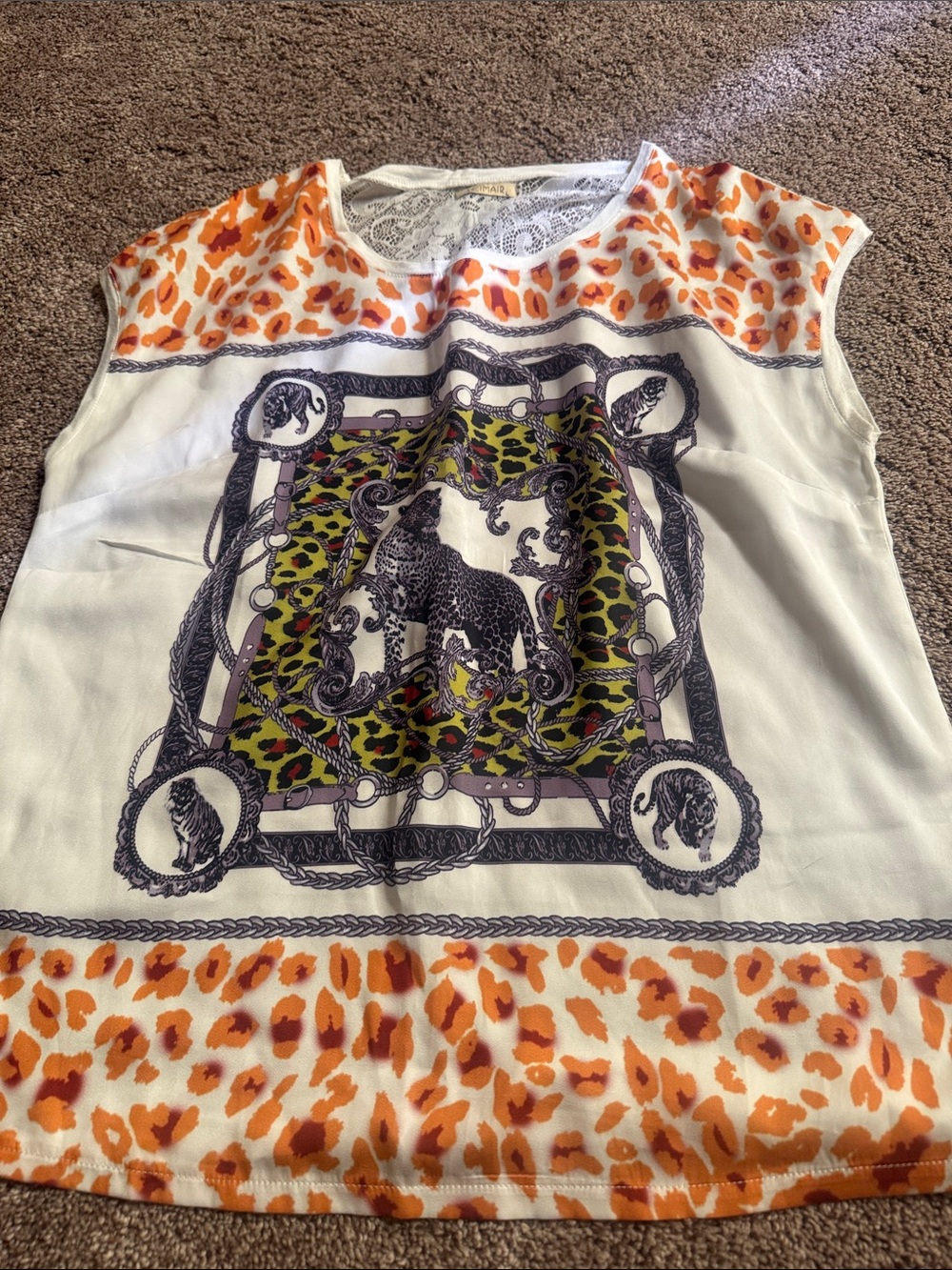 Sleeveless Animal Print Border Silk-Feel Top - Orange/White